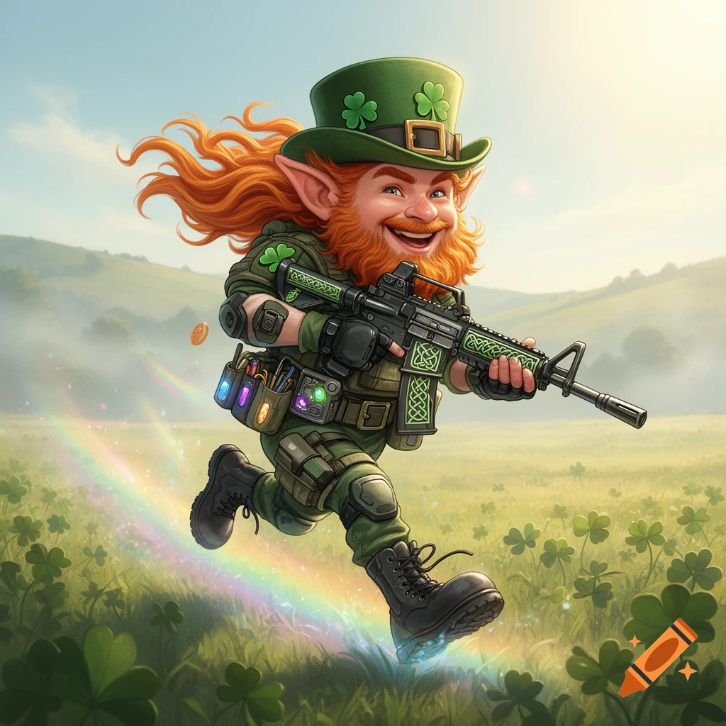A cartoon leprechaun with red hair and tactical gear runs across a clover field, holding an AR-15 rifle, leaving a rainbow trail.