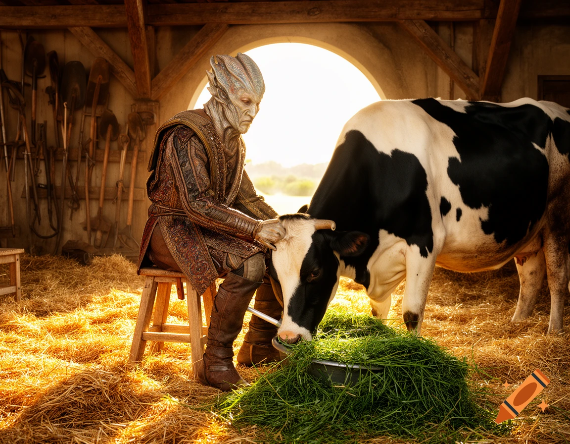 A grey-skinned alien in ornate robes milks a black and white cow in a sunlit barn, a pile of green grass in a bucket.