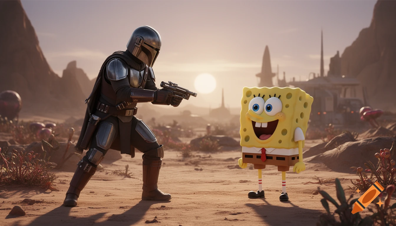 The Mandalorian points a blaster at a smiling SpongeBob in a vast desert sci-fi landscape at sunset.