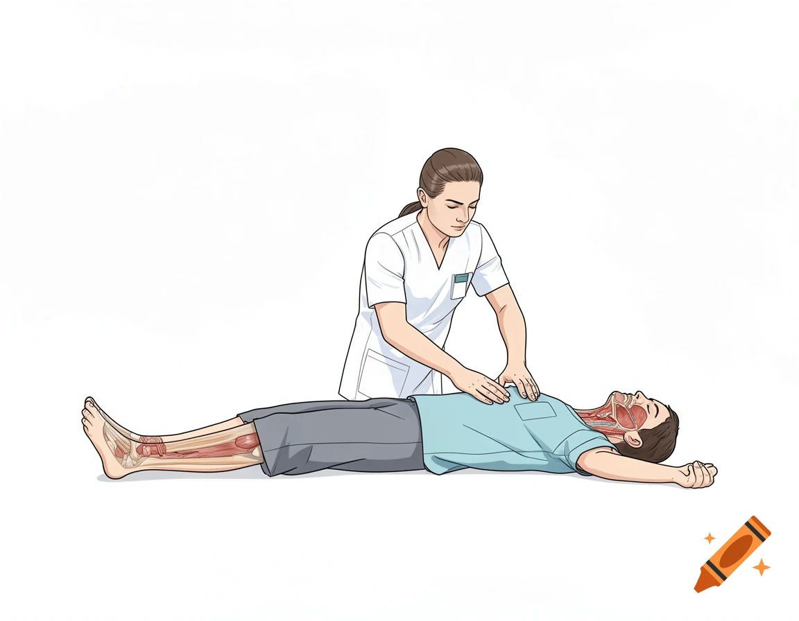 Medical illustration of a health professional checking an unconscious patient's breathing and response in a supine position.