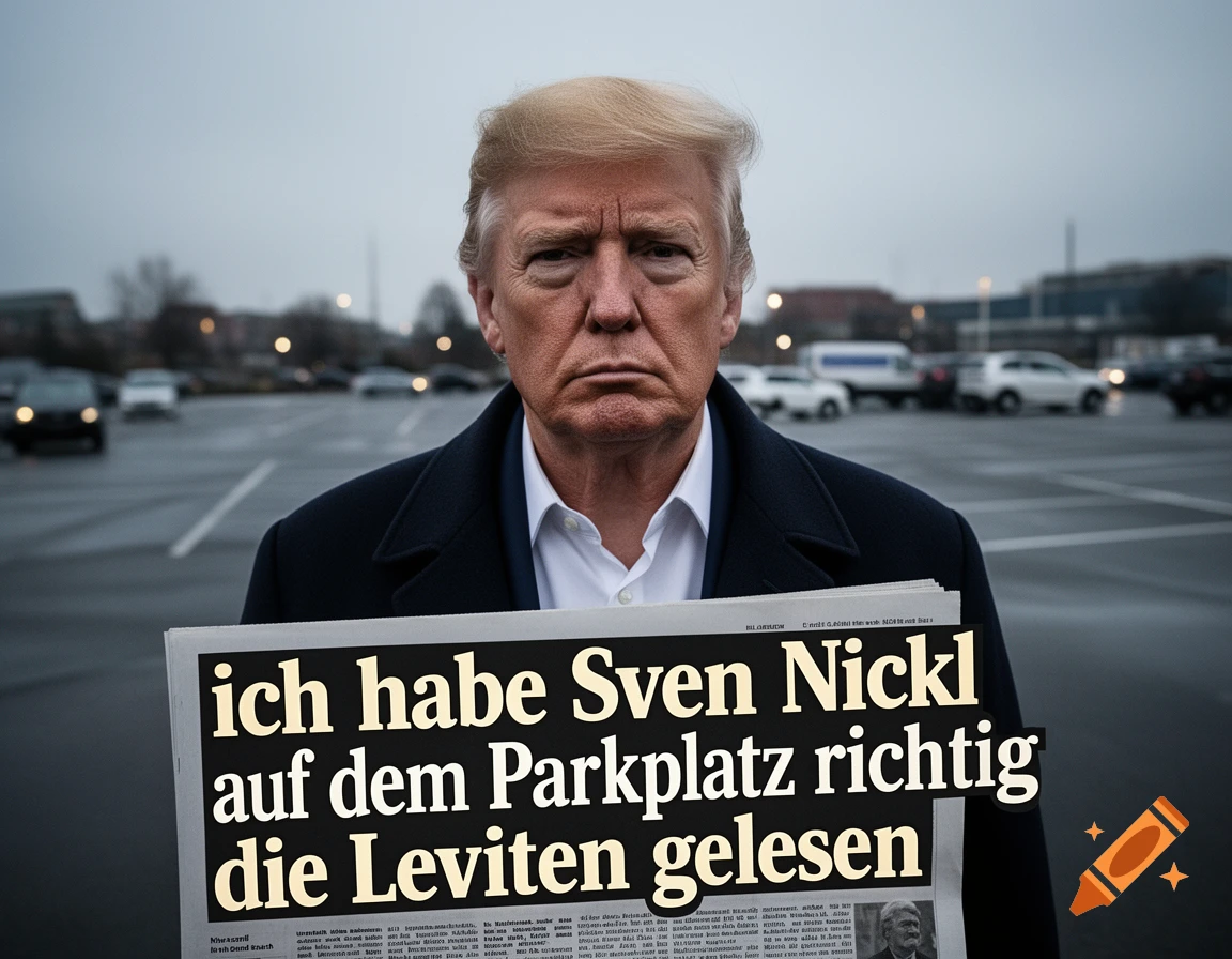 Donald Trump holds a German newspaper with a headline about 'Sven Nickl' on a parking lot, photorealistic style.