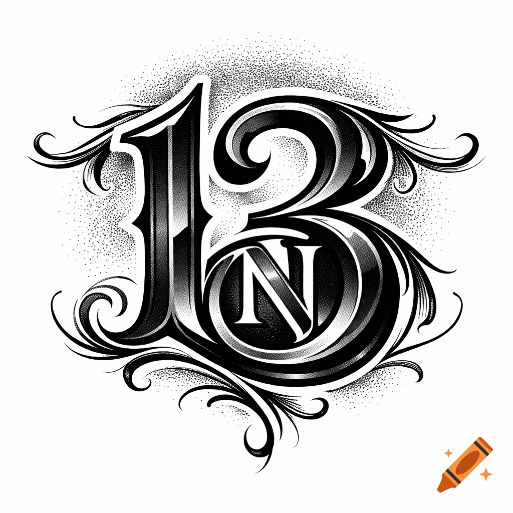 Stylized black and white tattoo design of the number 13, with a letter N integrated into the '3', surrounded by ornate swirls and stippling.