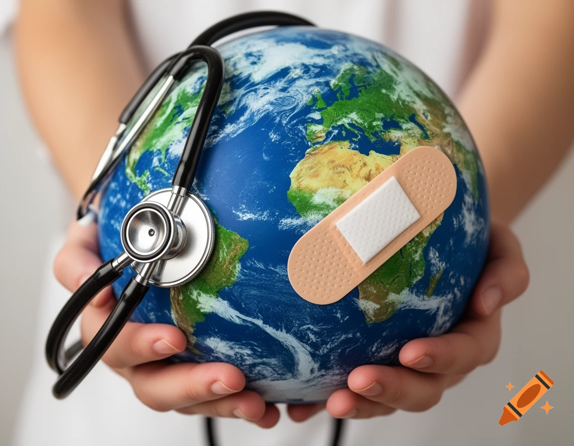 Hands holding a globe with a stethoscope draped over it and a band-aid applied, symbolizing global health.