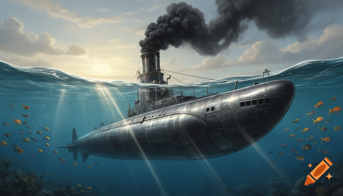A large coal-powered submarine with a smokestack emits dark smoke, partially submerged in the ocean with colorful fish underwater.