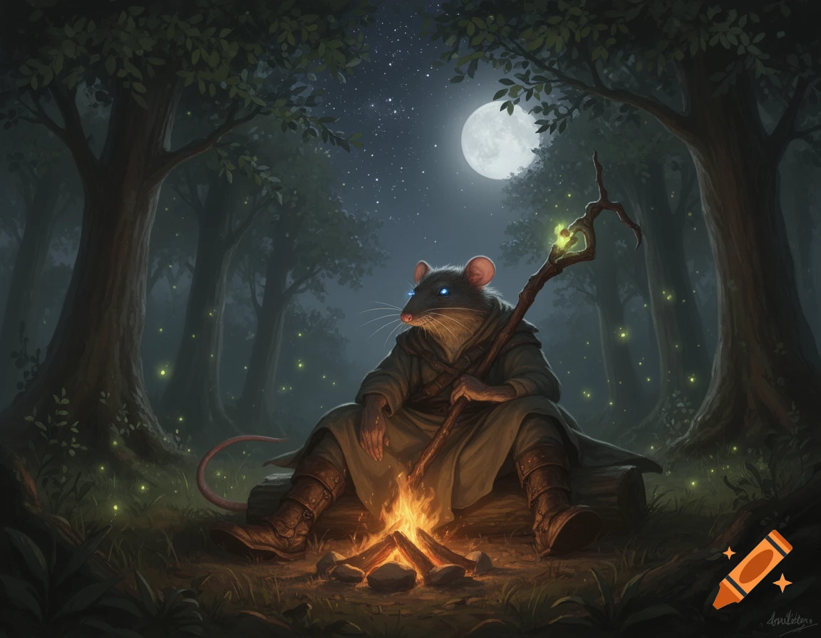 A painted illustration of a rat-like wizard in a robe and boots resting by a campfire in a dark forest at night with a full moon and fireflies.