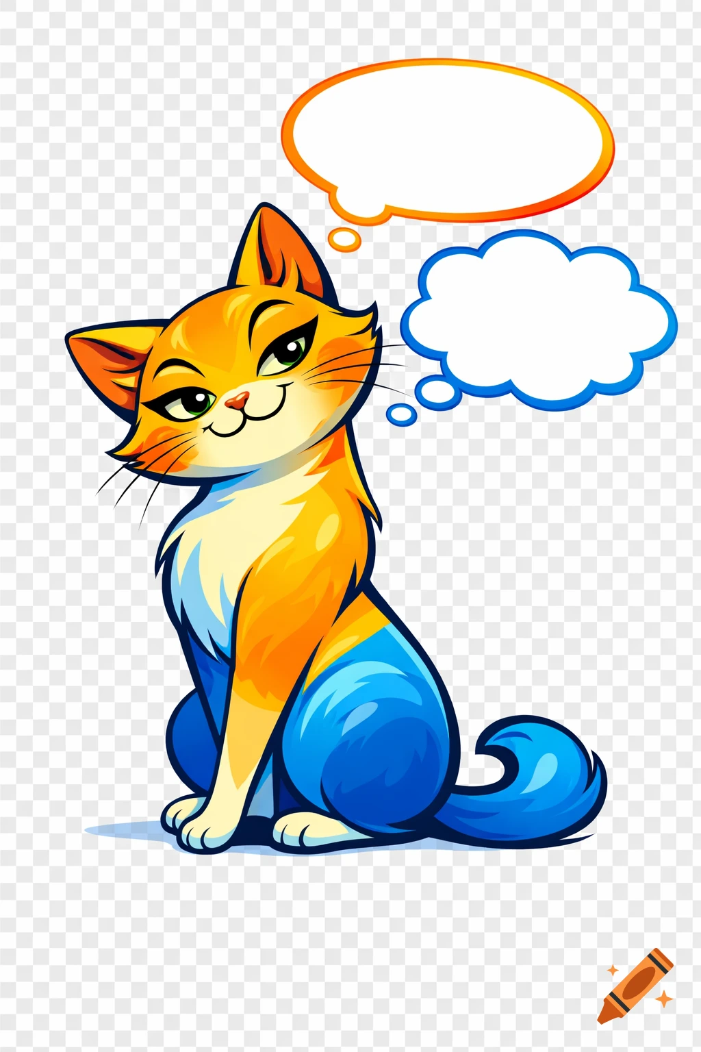 A proud and mischievous cartoon cat, orange and blue, sits with two empty thought bubbles on a transparent background.