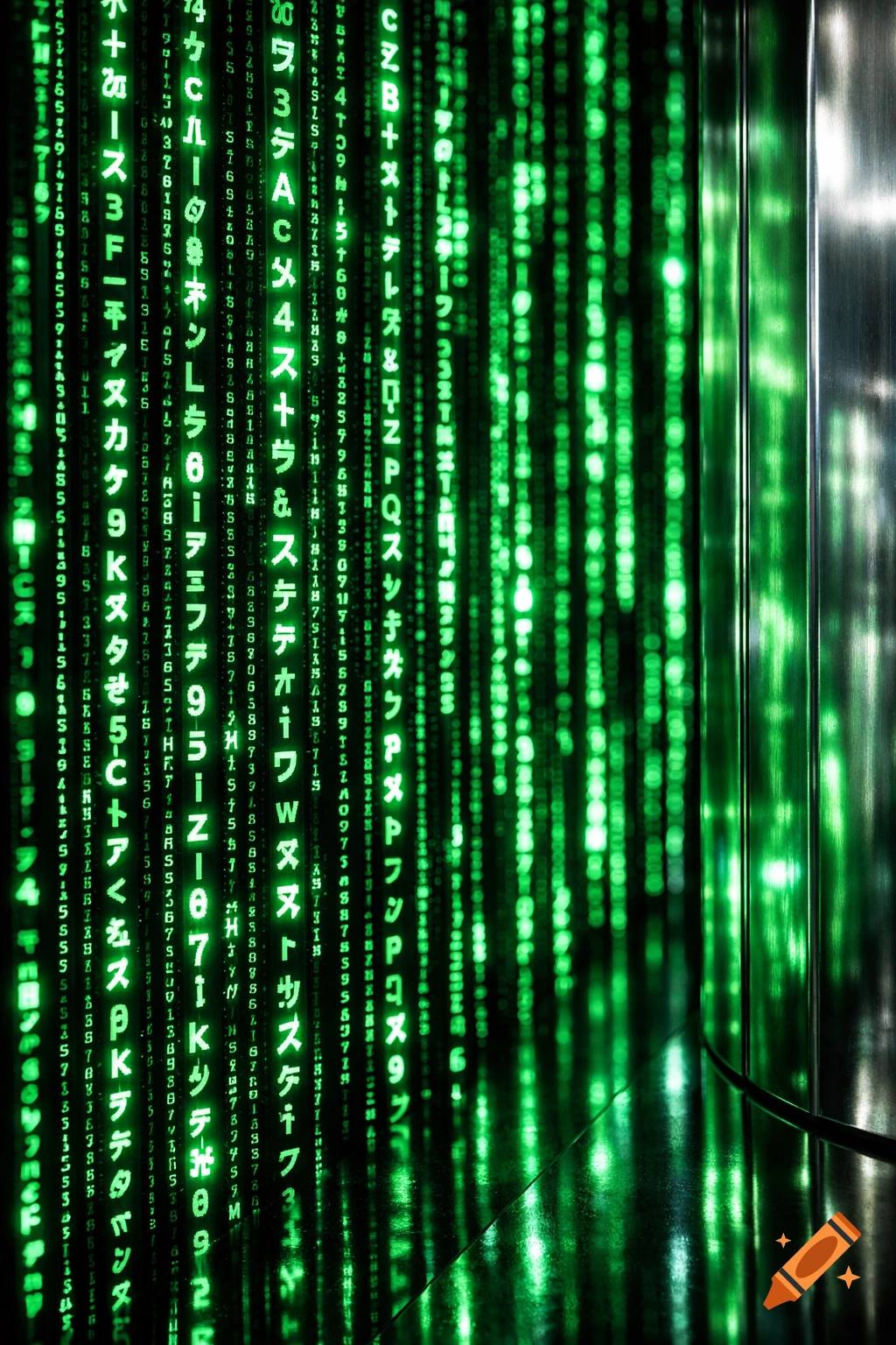 Green digital matrix code streams vertically against a dark background, with glowing characters and subtle reflections.