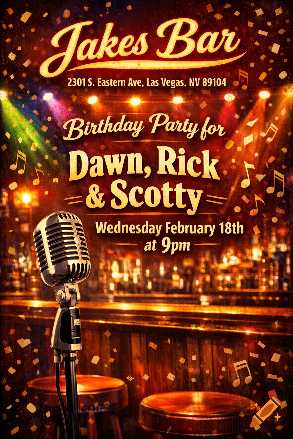 A retro-style flyer for a birthday party at Jakes Bar, featuring a vintage microphone and confetti, listing event details.