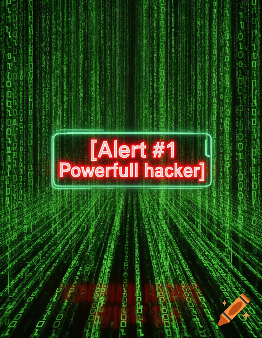 A digital background of green binary code with a glowing red alert box showing '[Alert #1 Powerfull hacker]'.