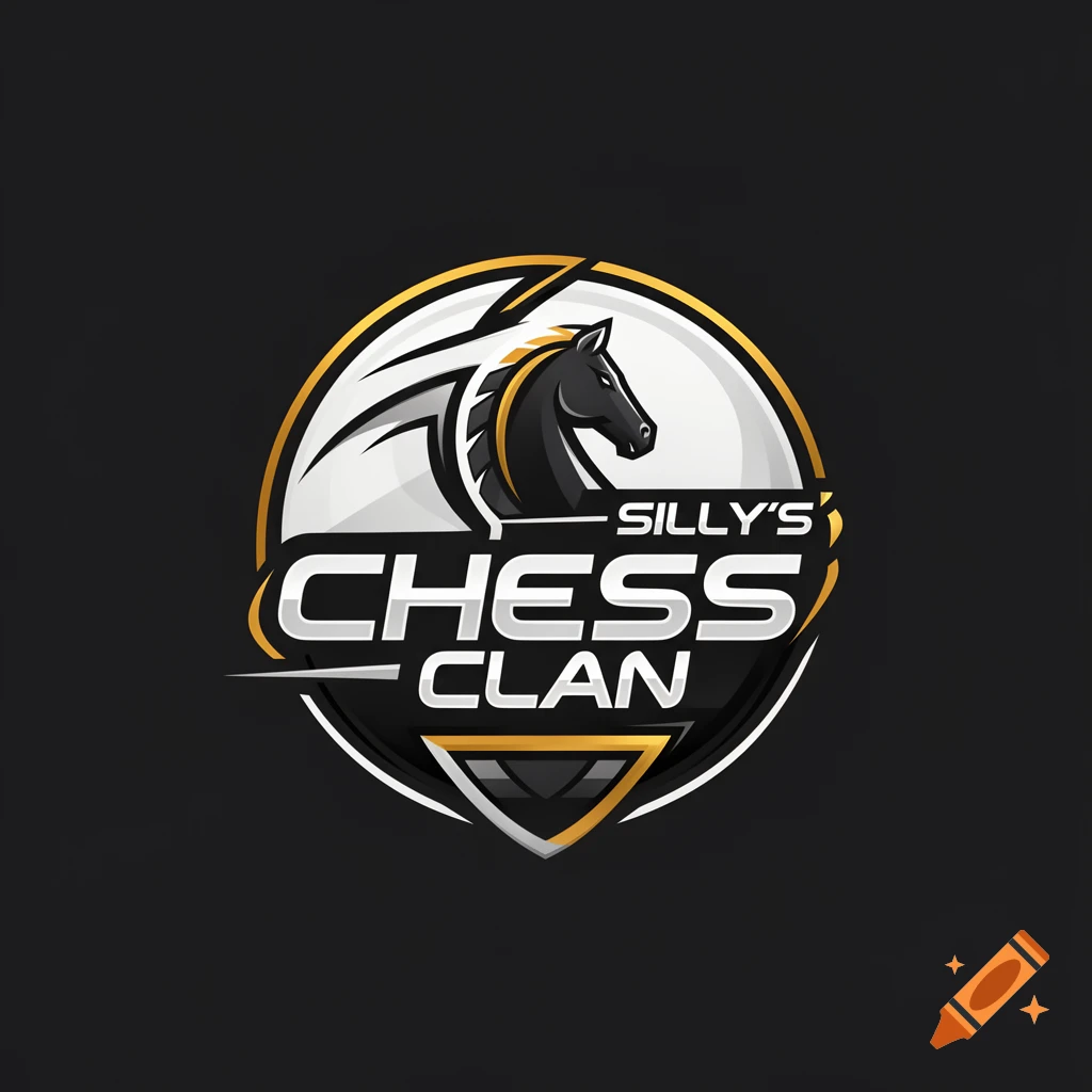 Modern esports logo for 'Silly's Chess Clan' with a black horse head, gold mane, in a white and gold circular emblem.