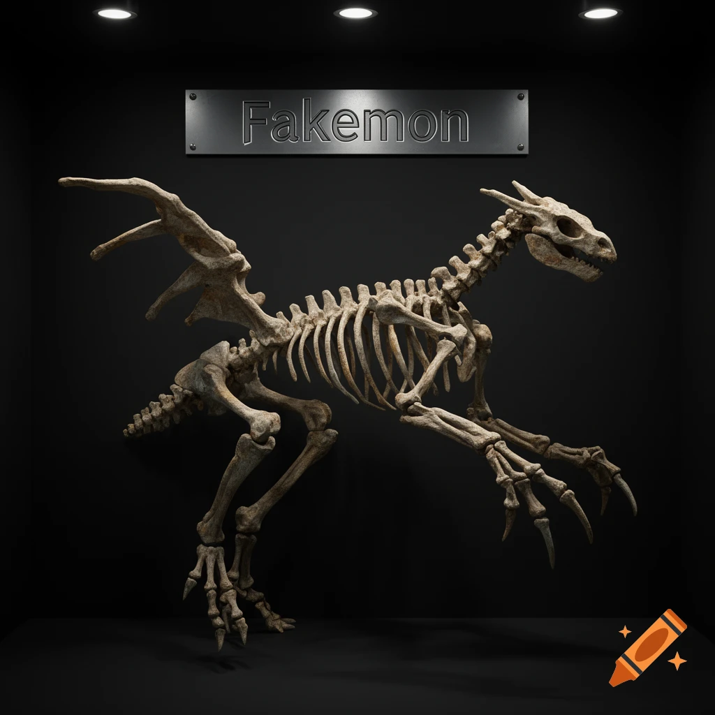 Photorealistic fossil skeleton of a winged, dragon-like creature with 'Fakemon' on a display plaque, against a dark background.