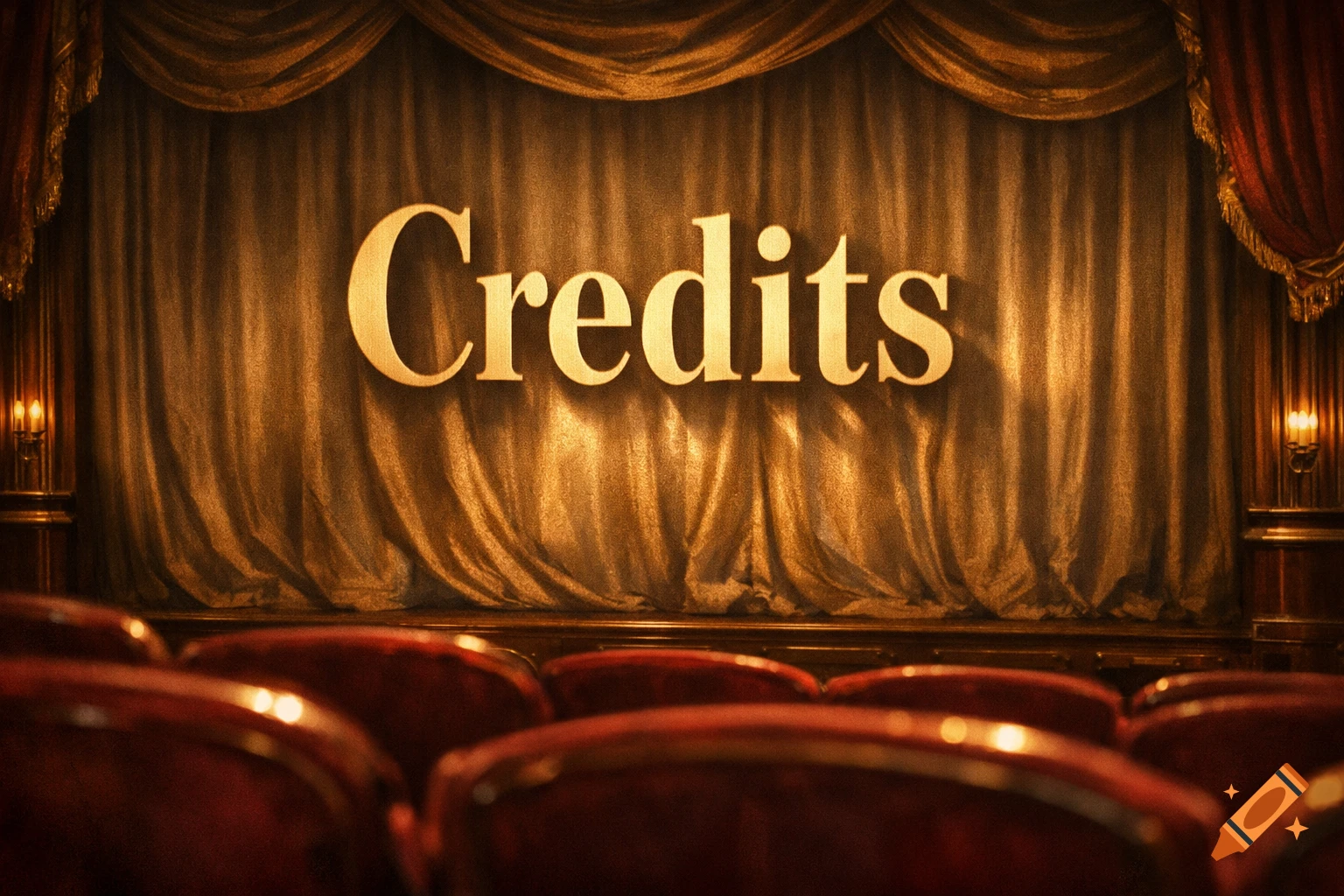 Photorealistic image of the word 'Credits' in gold lettering on a grand golden stage curtain, with red theater seats in the foreground.