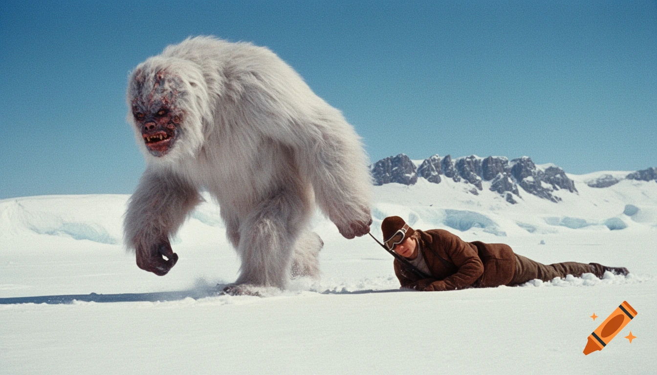 A large, white-furred Wampa ice creature drags an unconscious Luke Skywalker across a snowy plain with mountains.