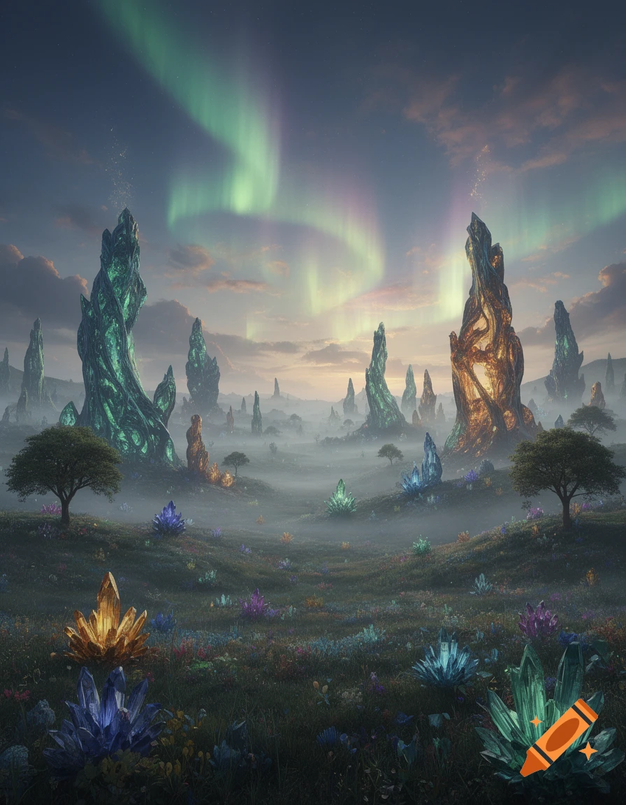 A mystical landscape with towering green and orange crystal formations, a field of glowing colorful crystals, and a vibrant aurora borealis in the sky.