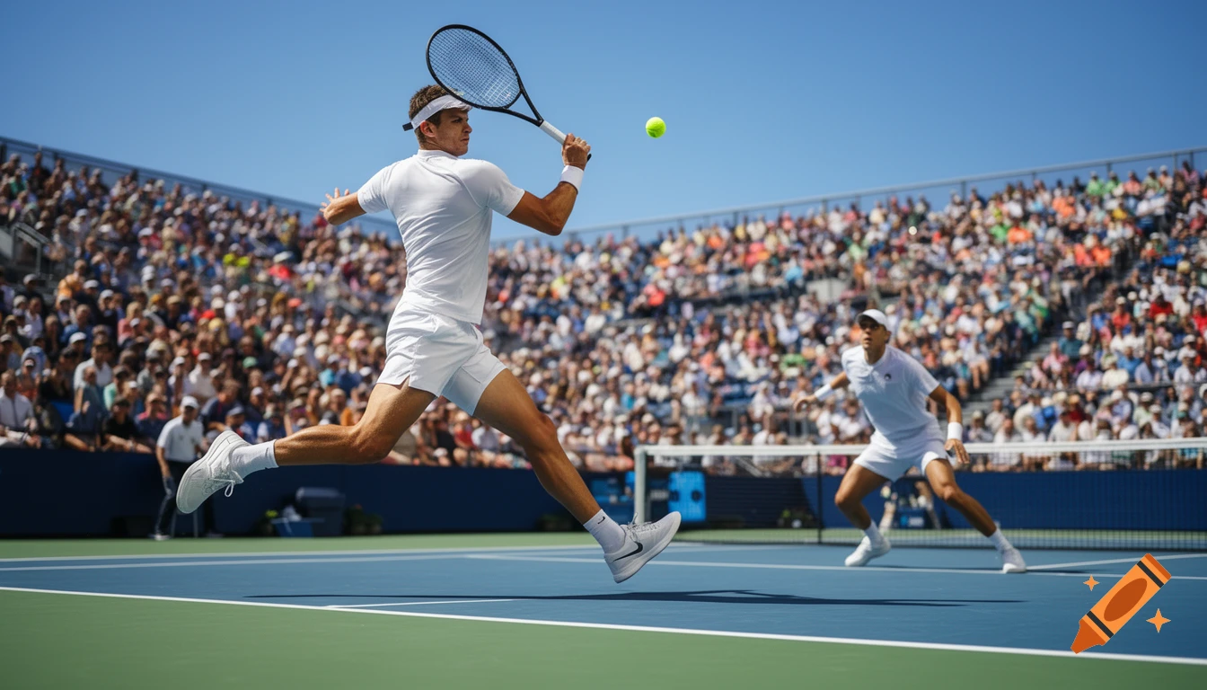 Photorealistic scene of a male tennis player hitting a forehand mid-air on a hard court, with an opponent and stadium crowd in the background under a sunny sky.