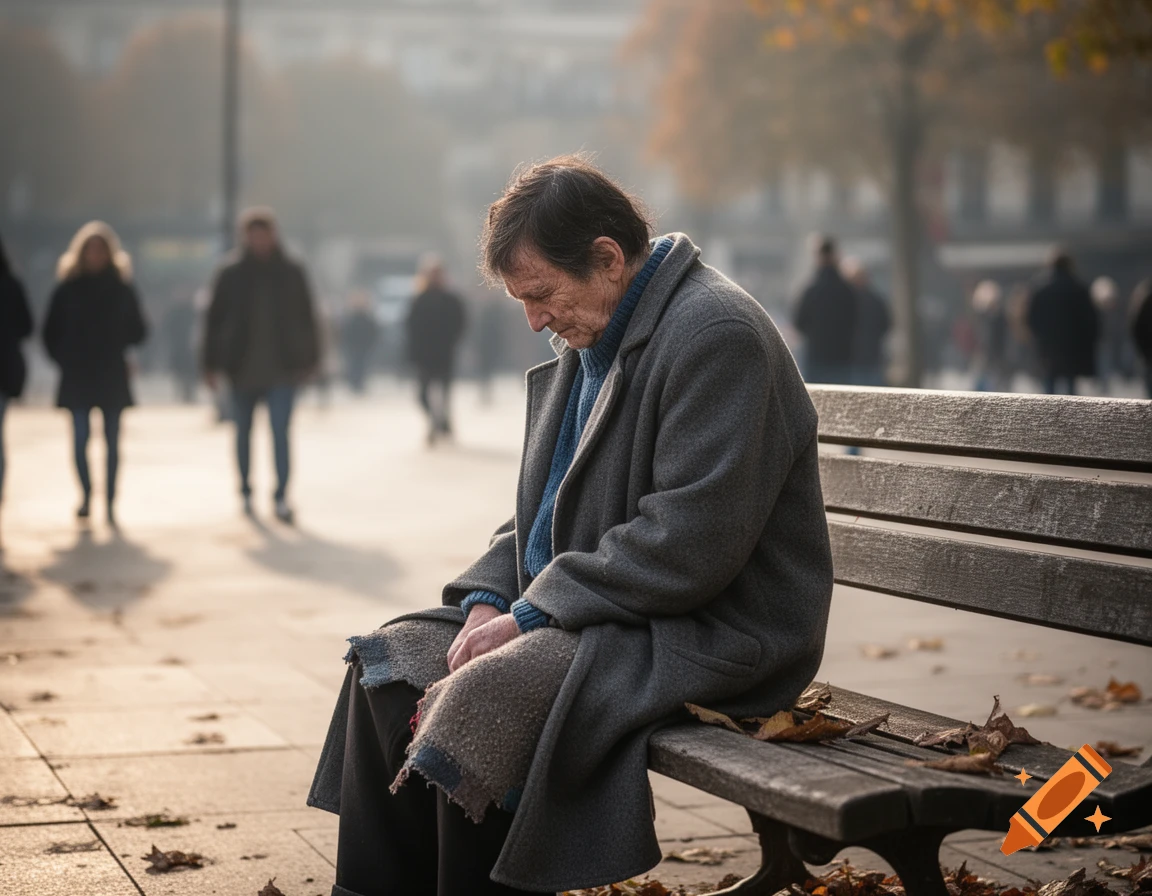 An elderly person in a gray coat sits alone on a park bench with autumn leaves, looking down, blurred urban background.