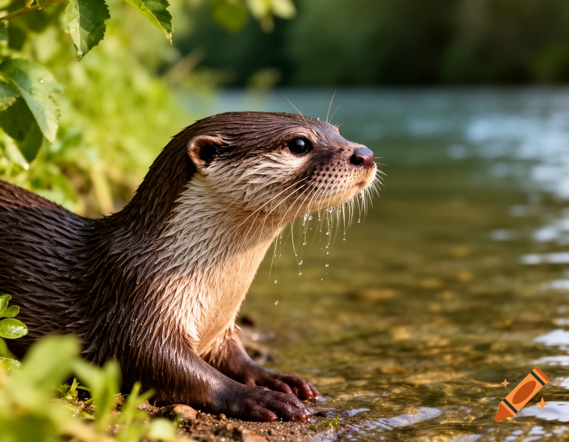 Photorealistic otter with wet fur and whiskers emerging from a river bank with green foliage.