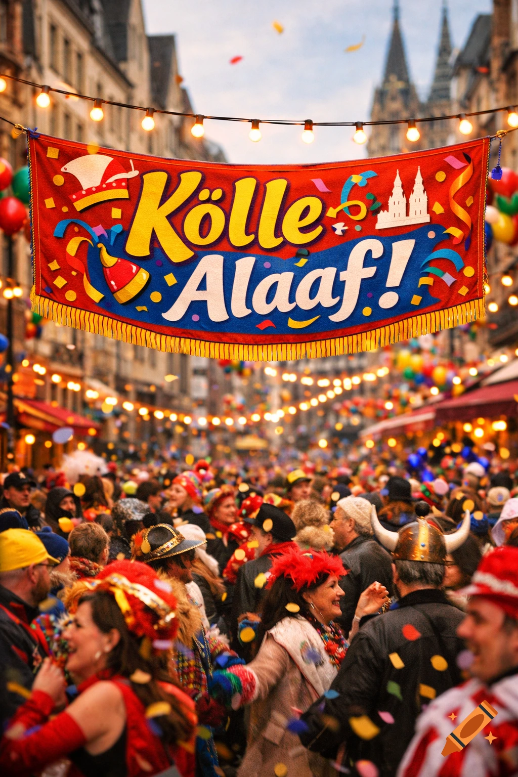 A vibrant street carnival with a large banner reading "Kölle Alaaf!" above a blurry crowd of people in costumes with confetti falling.