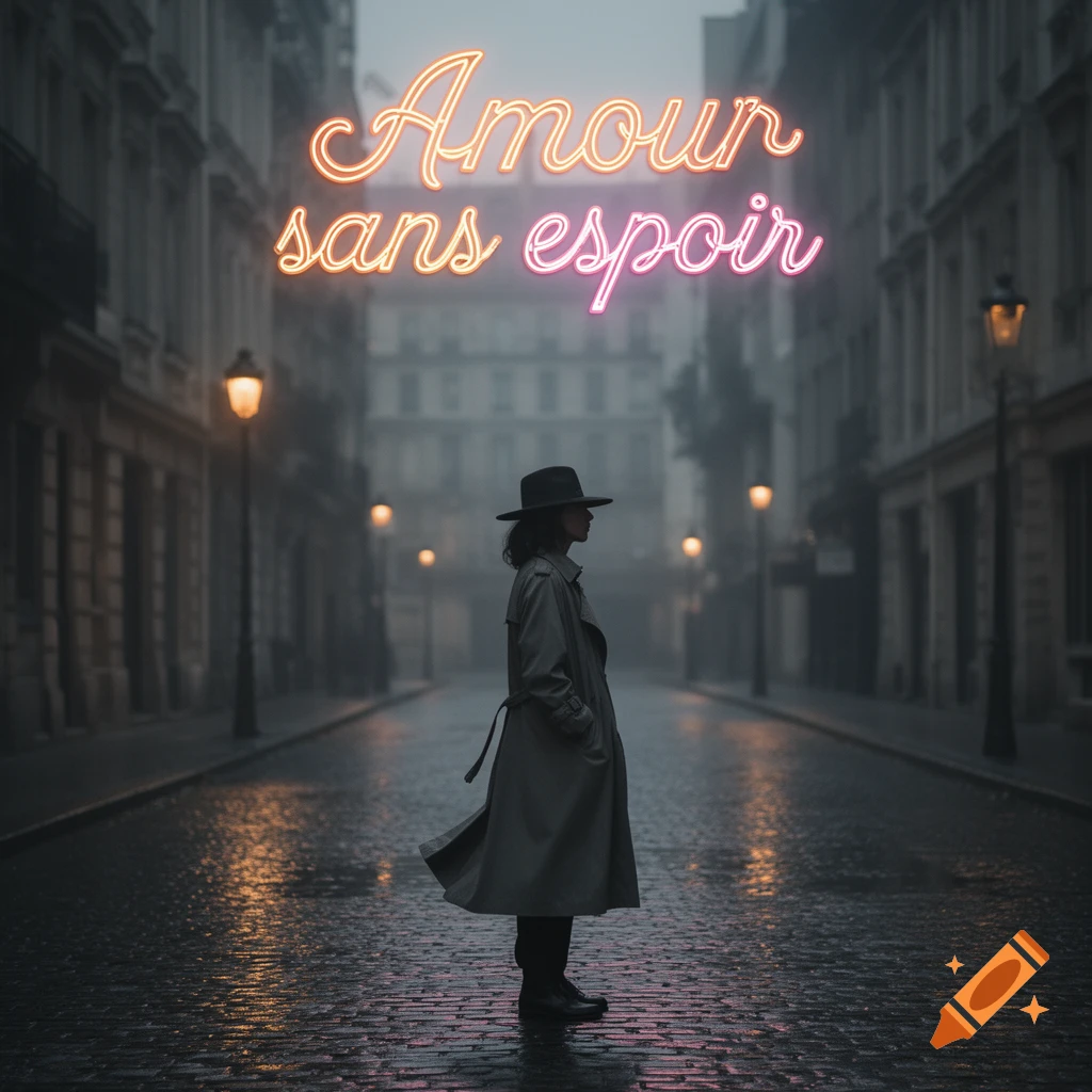 A person in a trench coat and hat stands on a wet, misty city street with neon text 'Amour sans espoir' above.