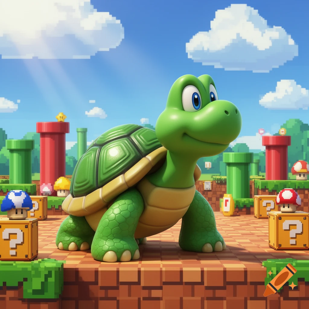 A friendly green cartoon turtle, resembling a Koopa Troopa, stands on a brown pixelated path in a vibrant Super Mario Bros. themed world with question blocks, mushrooms, and pipes under a blue sky.