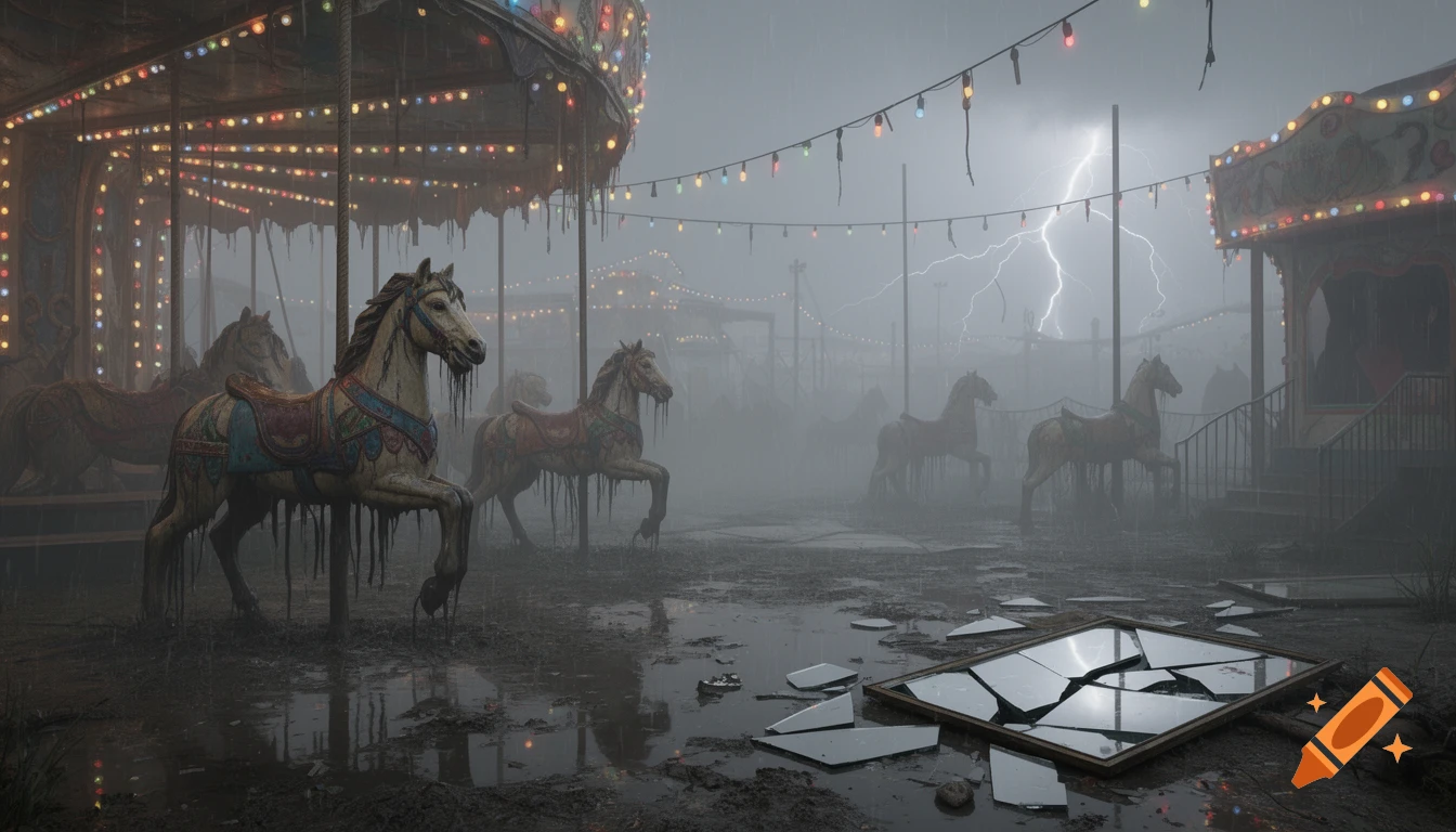 A ruined, rain-lashed carnival midway with broken carousel horses decaying in mud, sparking lights, and a shattered mirror reflecting lightning in the fog.