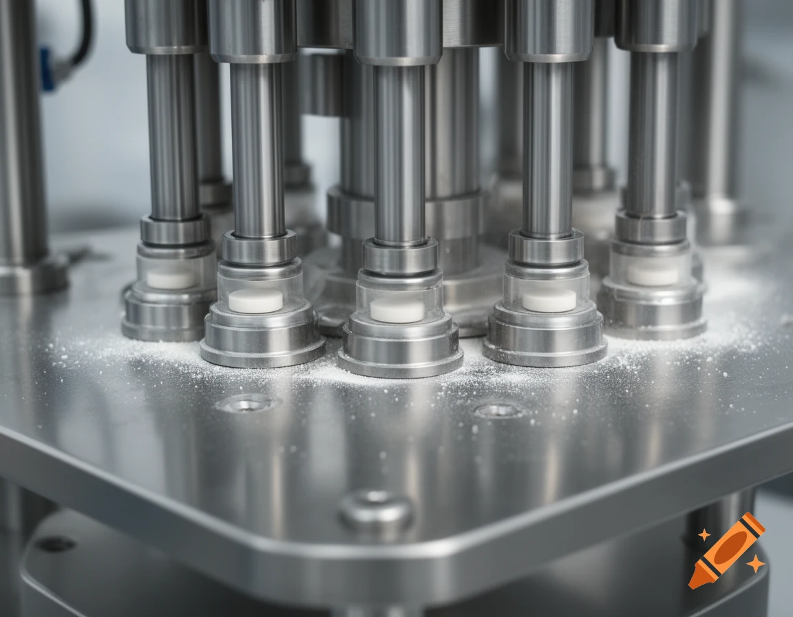 Close-up of the stainless steel pressing unit of an industrial pharmaceutical tablet press machine with white powder around the stamps.