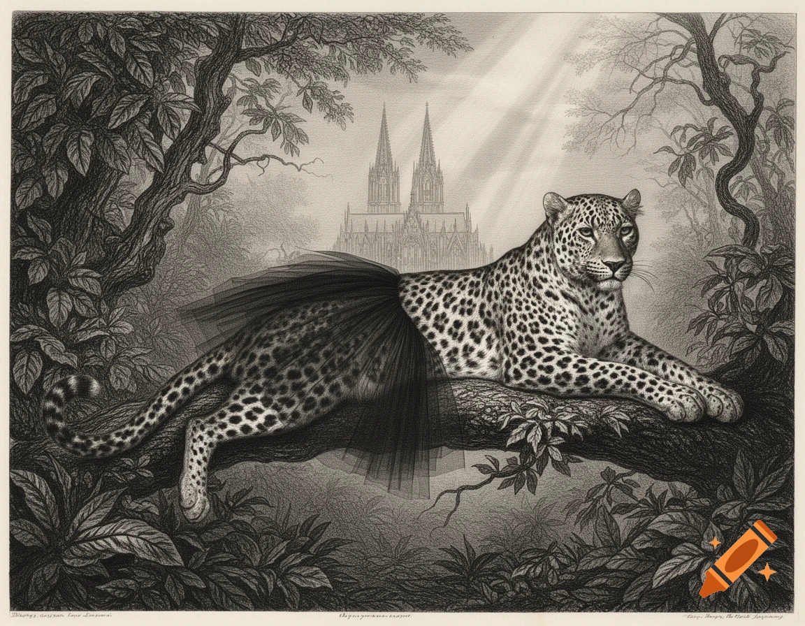 A 19th-century etching of a leopard in a black tutu skirt, lying on a jungle tree branch with a cathedral in the background.