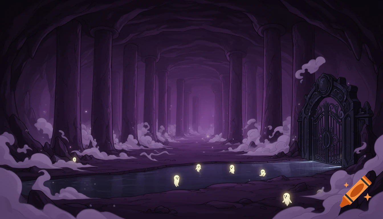 A whimsical cartoon underworld cavern with purple pillars, a shadowy river, and glowing ghost-like souls floating in the water.