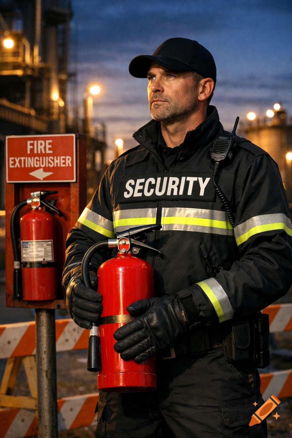 A security guard in uniform holds a fire extinguisher at an industrial site with streetlights at dusk. Photorealistic.