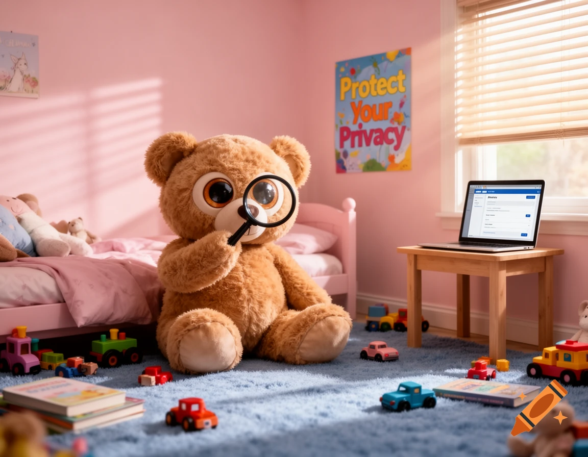 A large brown teddy bear holds a magnifying glass in a pink child's room with scattered toys, a laptop, and a "Protect Your Privacy" poster.