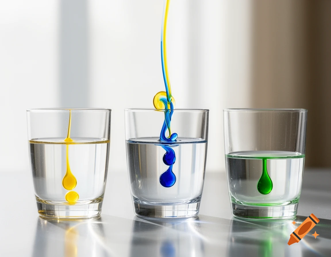 Three glasses of water with yellow, blue, and green colored liquids dripping and mixing, creating vibrant patterns.