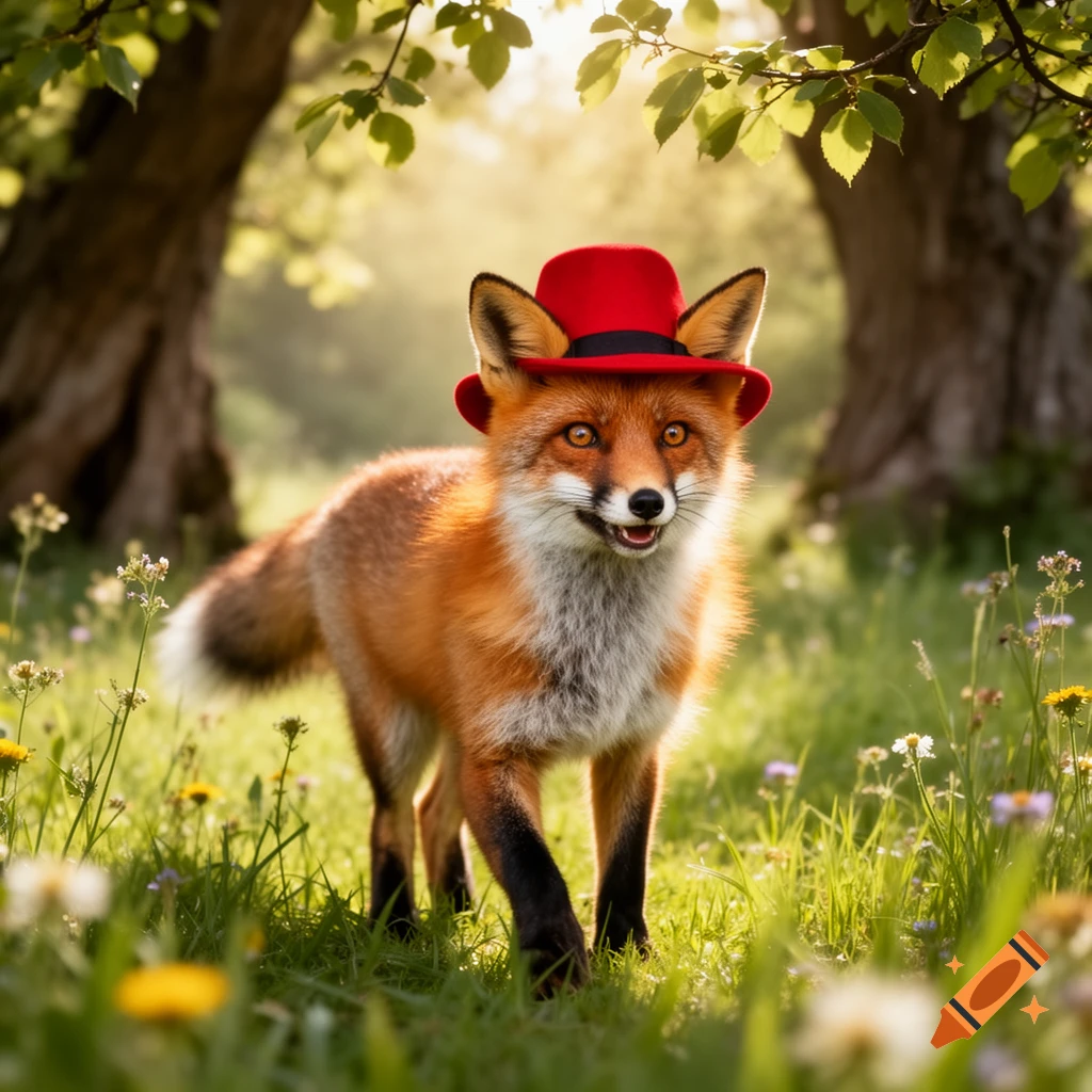 A photorealistic fox wearing a red hat stands in a sunny, grassy field ...