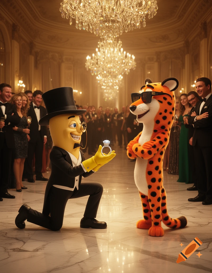 Photorealistic image of Mr. Peanut on one knee, proposing to Chester Cheetah with a diamond ring in a grand ballroom.