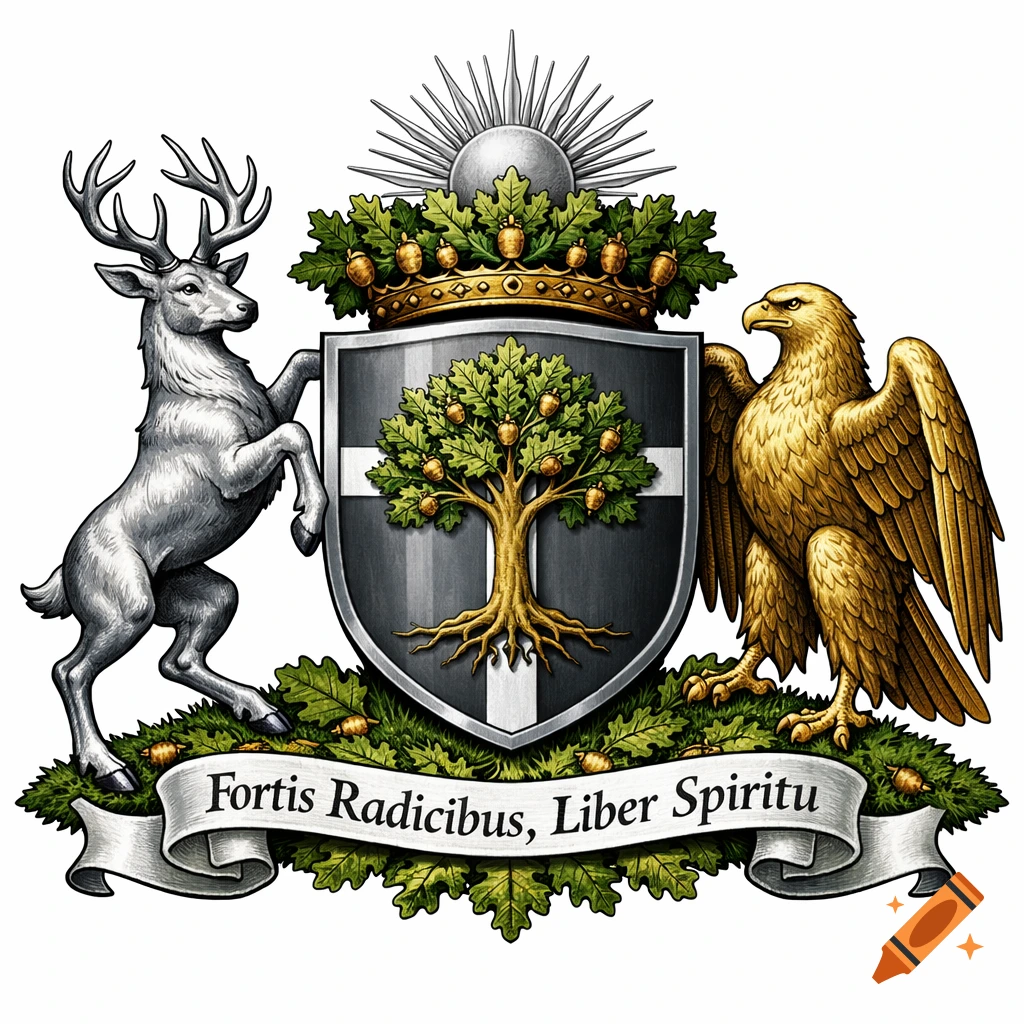 Highly detailed heraldic coat of arms with a silver stag, golden eagle, shield featuring an oak tree, crown, sun, and Latin motto.