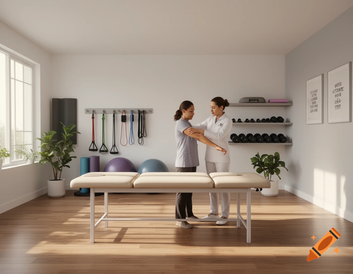 A therapist guides a patient through an arm exercise in a bright physical therapy room with exercise equipment.
