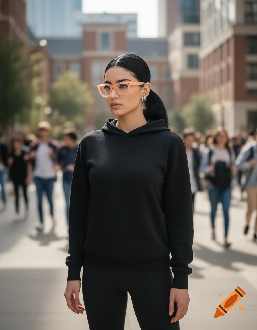 Photorealistic image of a young woman with black hair in a ponytail, peach glasses, black hoodie and leggings on a university campus.