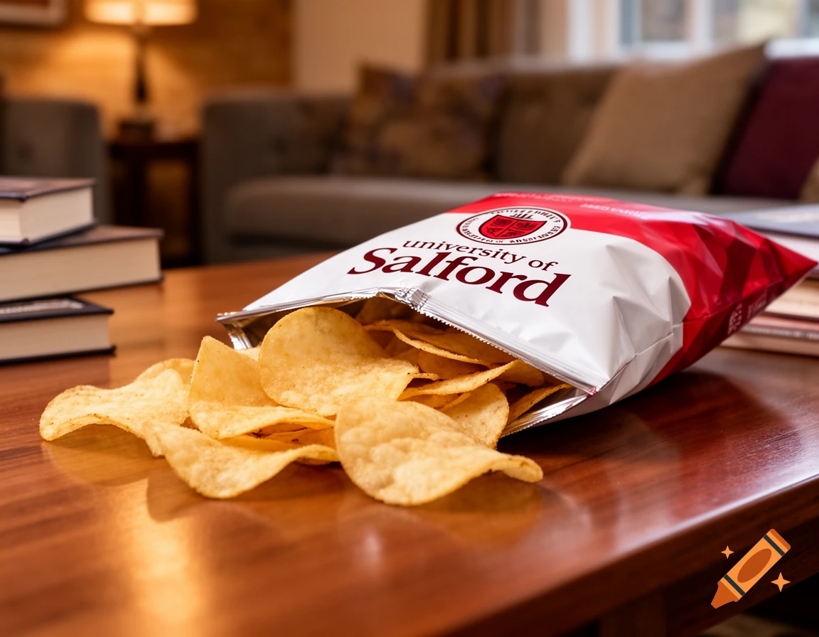 An open bag of "University of Salford" crisps spilled on a wooden coffee table next to stacked books in a cozy living room.
