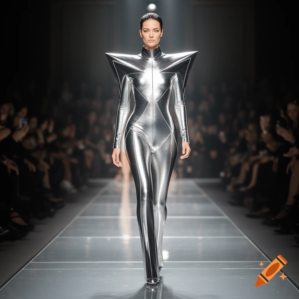 A model walks on a dark runway, wearing a shiny silver, futuristic bodysuit with sharp, pointed shoulders and a high neck.