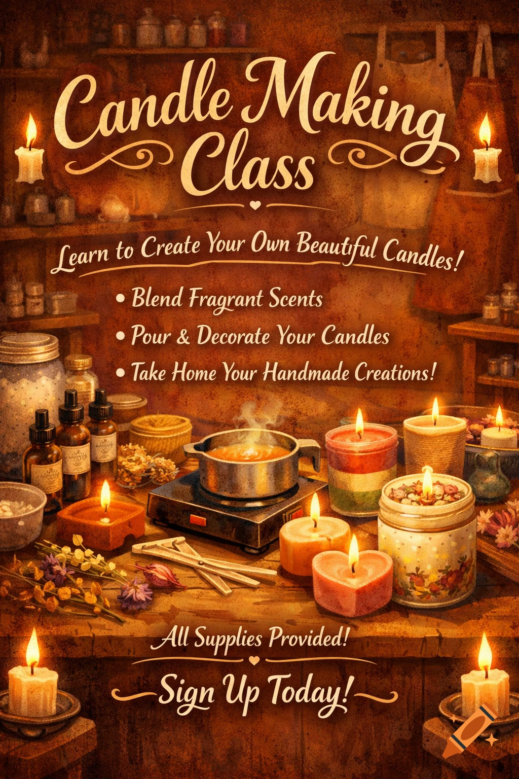 An illustrated flyer for a 'Candle Making Class' showing candles, melting wax, and fragrance oils, with text encouraging sign-ups.