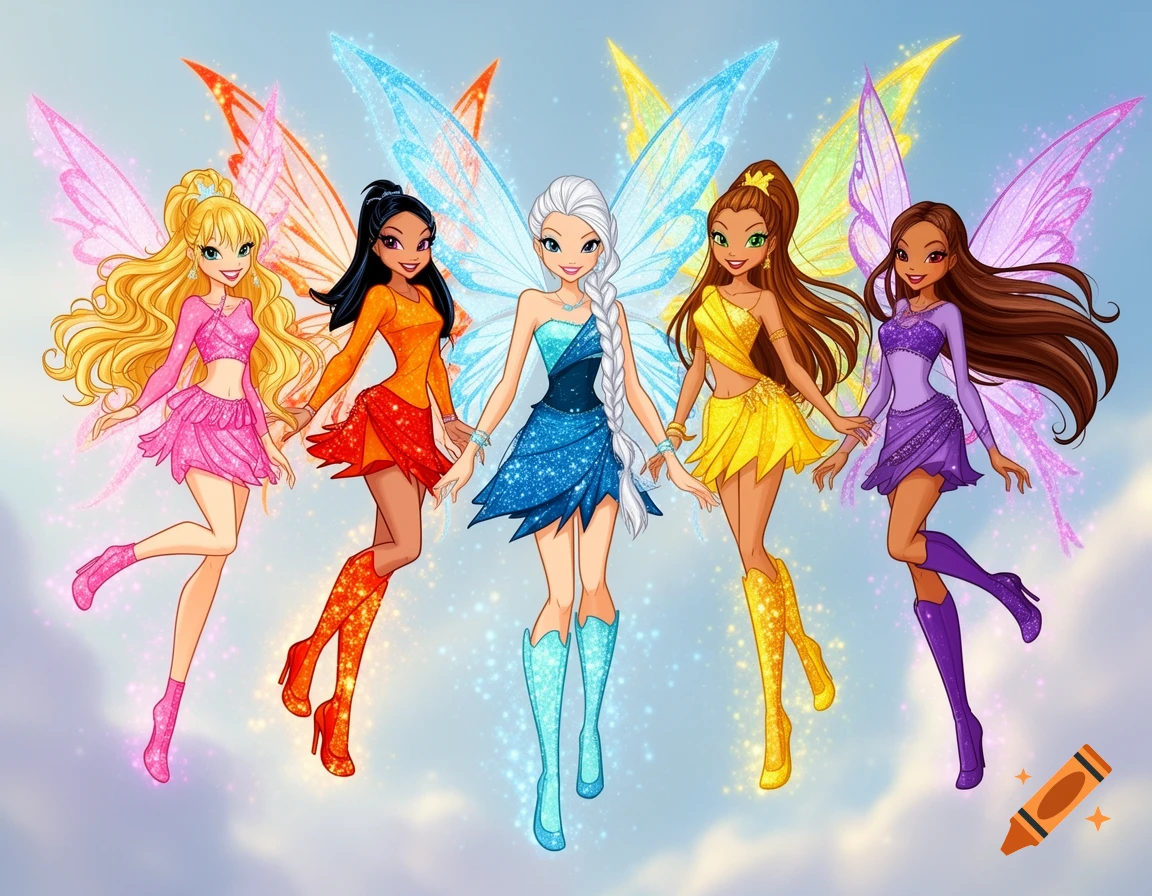 Five cheerful cartoon fairies with long hair, sparkly outfits, and colorful wings fly against a cloudy sky.