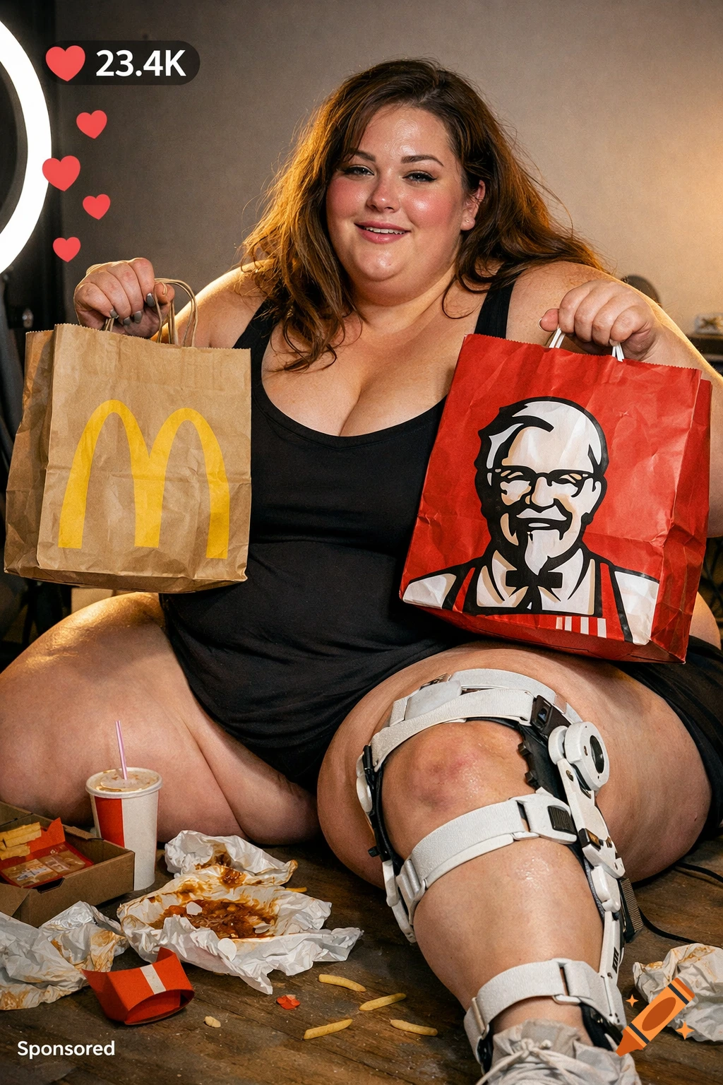 An extremely large woman, with a medical knee brace, smiling while holding McDonald's and KFC bags, surrounded by fast food packaging on the floor. Social media UI elements are overlaid.