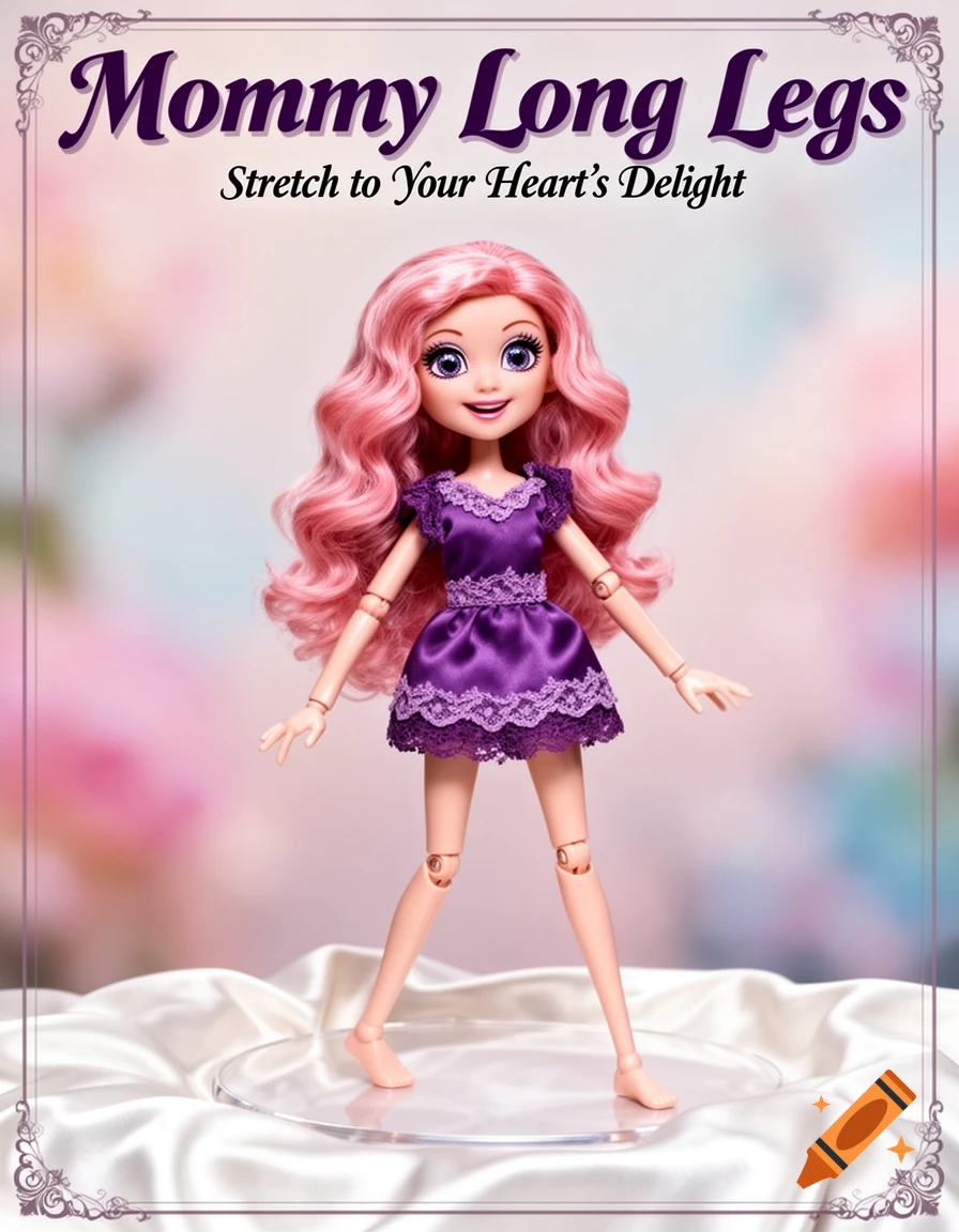 A vibrant advertisement poster showing a pink-haired doll in a purple dress on a clear stand, with the text 'Mommy Long Legs Stretch to Your Heart's Delight'.