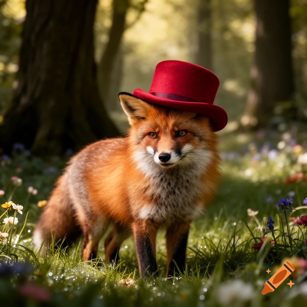 A photorealistic red fox wearing a red top hat stands in a lush, dewy ...