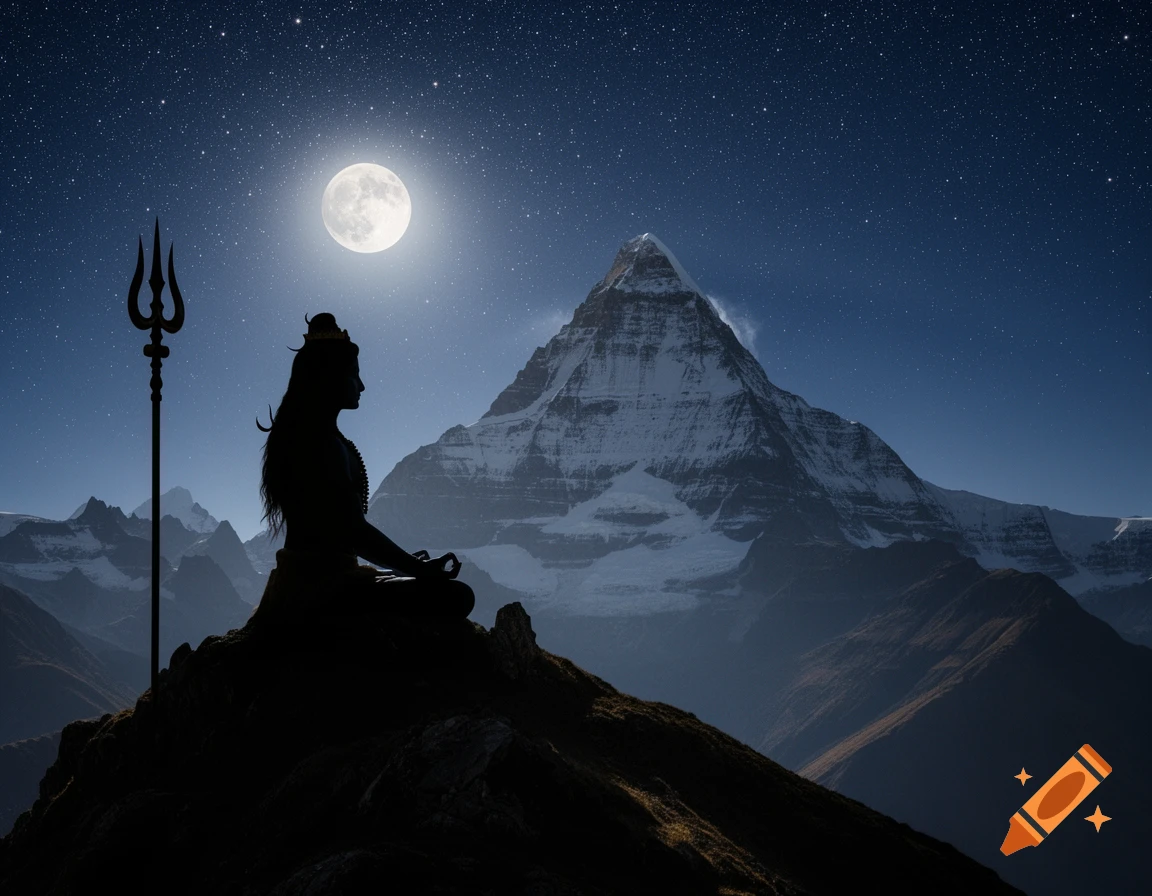A mystical silhouette of Lord Shiva meditating on a hill with his trident, under a full moon and starry sky, with Mount Kailash in the background.