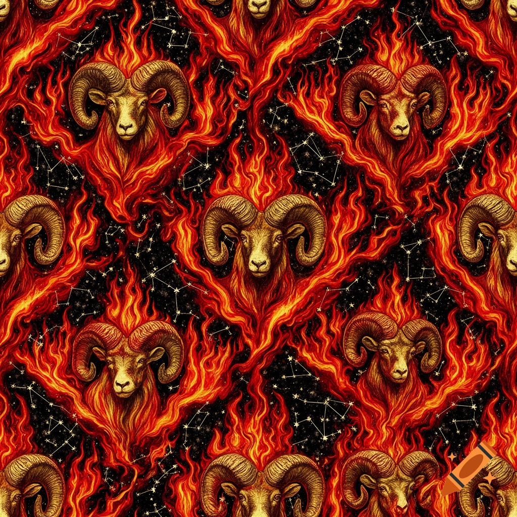 Seamless pattern of majestic rams wreathed in dynamic red and orange flames, with golden constellations on a dark background.