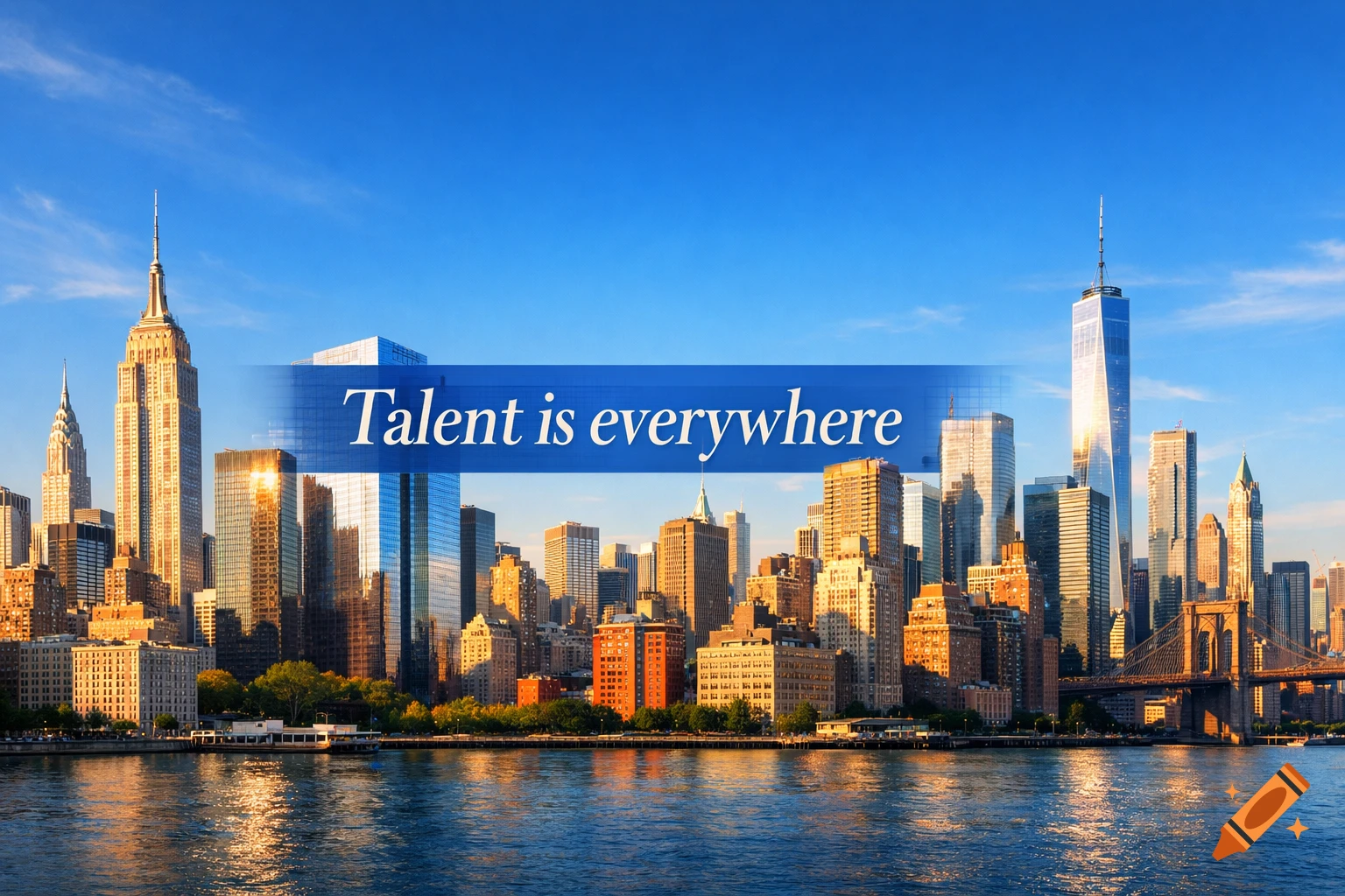 Photorealistic NYC skyline with Empire State Building, One World Trade Center, and Brooklyn Bridge across water. 'Talent is everywhere' banner.