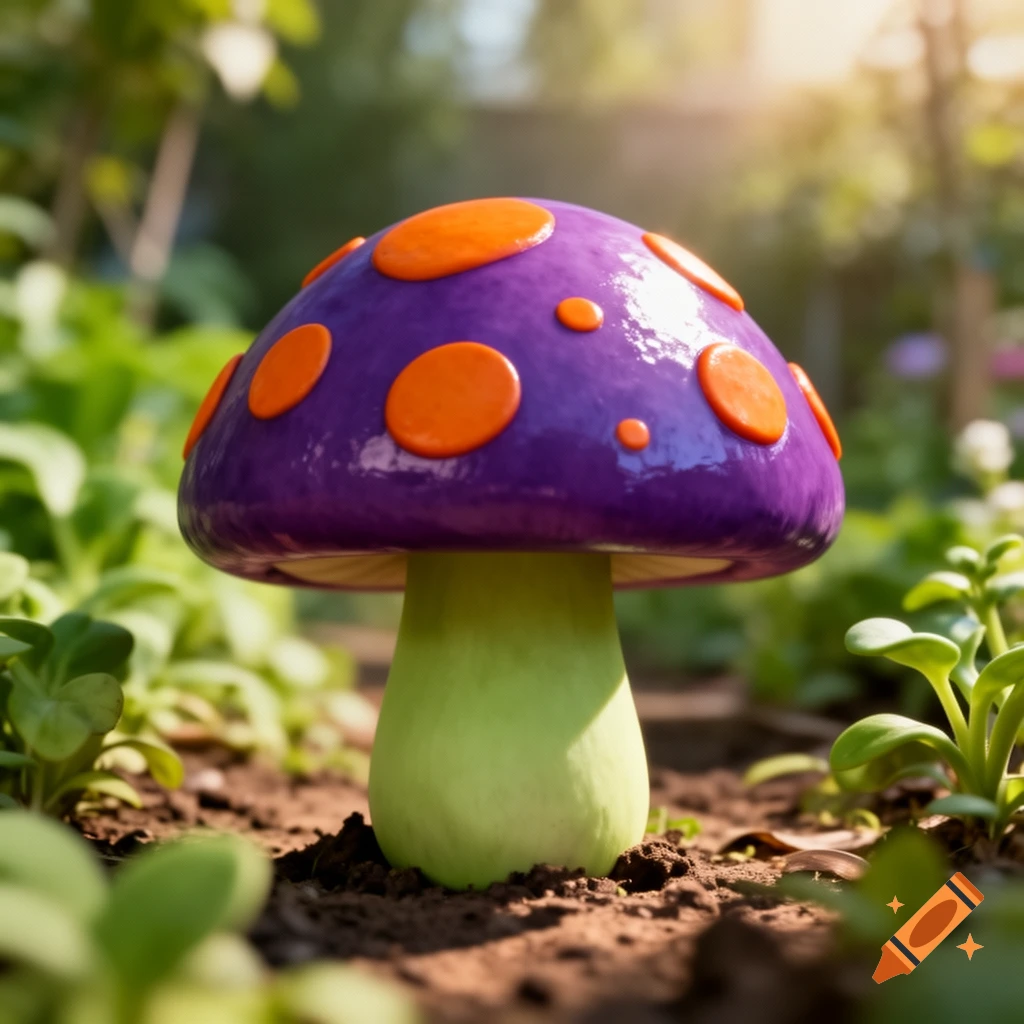 A vibrant purple mushroom with orange spots and a green stem stands in a sunlit garden.