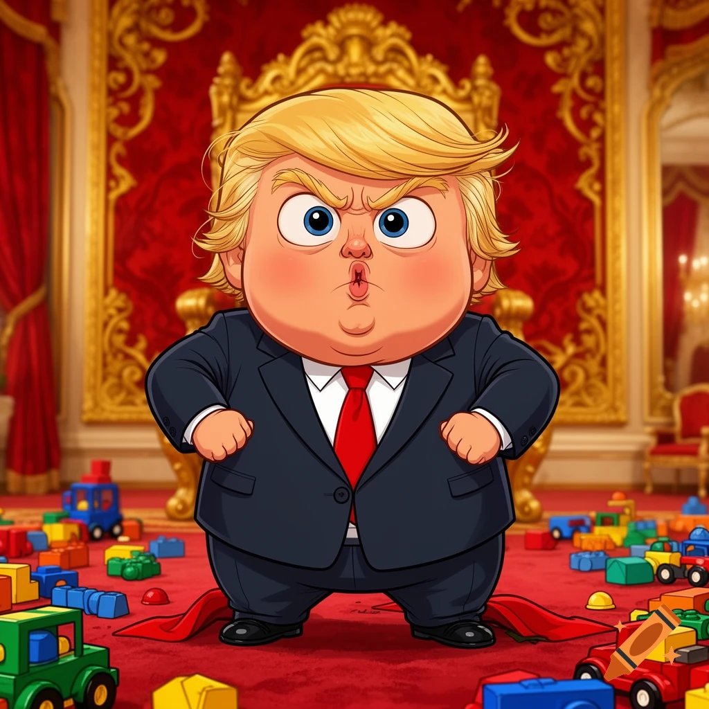 Cartoon caricature of Donald Trump as an angry toddler in a suit, surrounded by building blocks in a grand room.