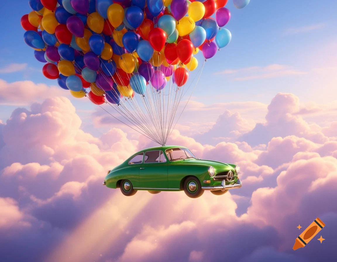 A green vintage car floats above pink and white clouds, carried by a large cluster of colorful balloons against a bright blue sky.