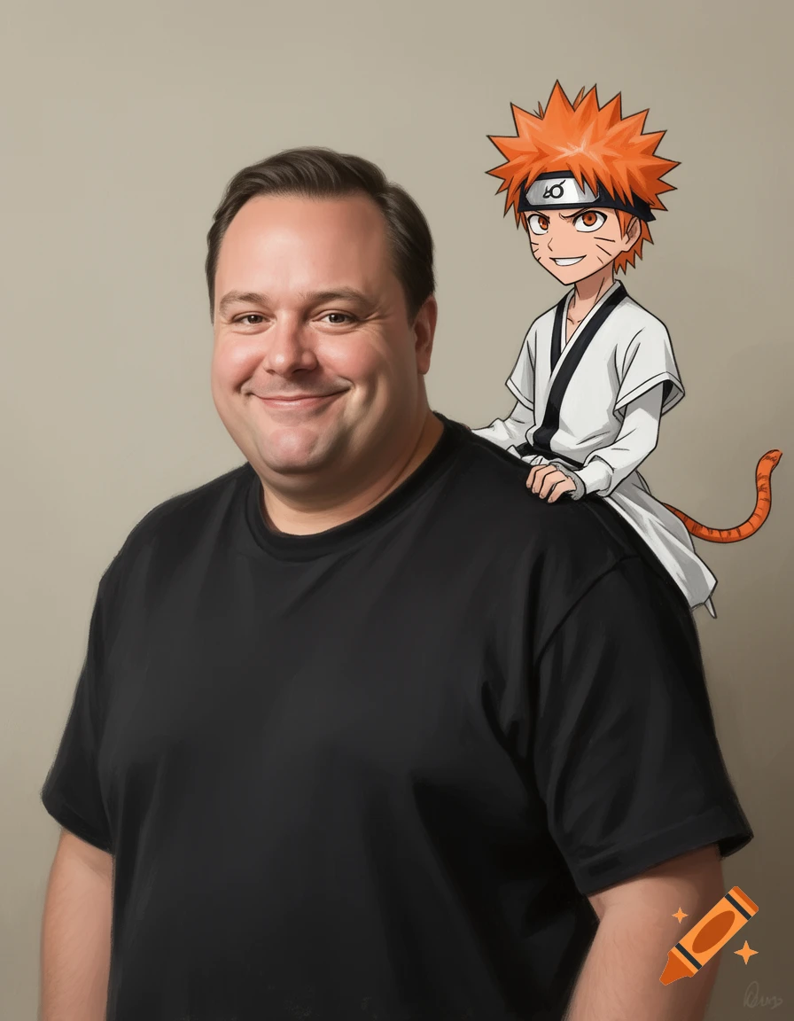 A smiling man in a black t-shirt poses with a small anime character resembling Naruto on his right shoulder, against a neutral background.